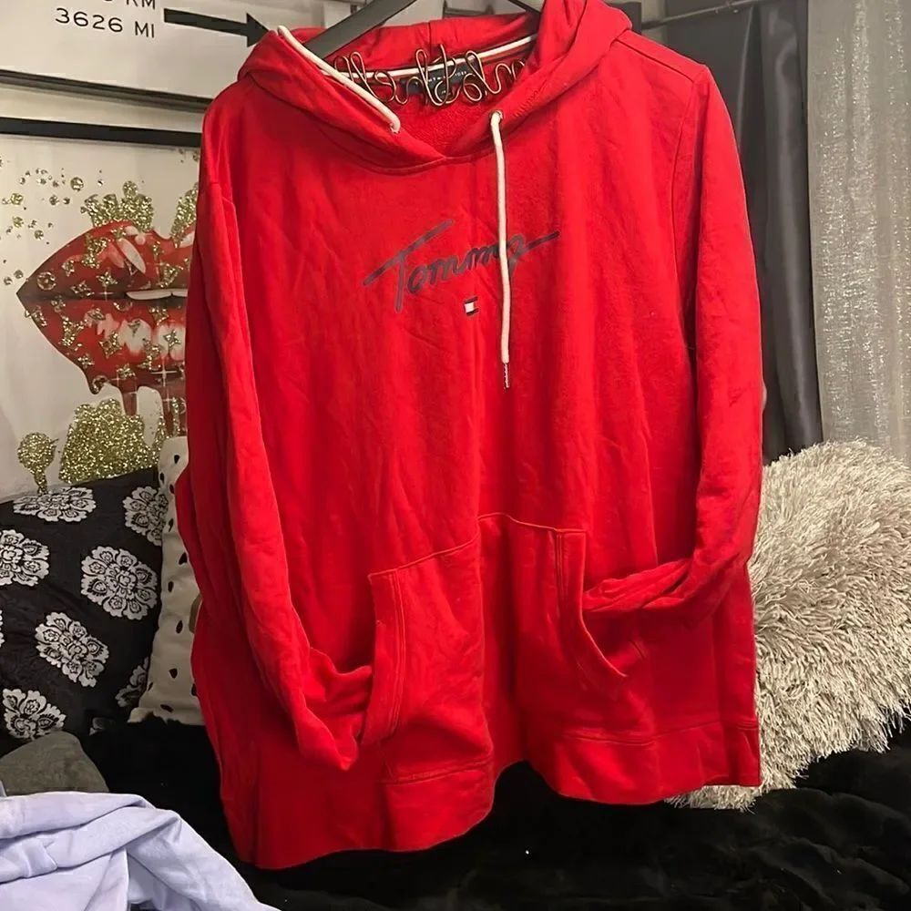 Plus soze 2xl/xxl tommy hilfiger red classic logo pullover hooded sweatshirt